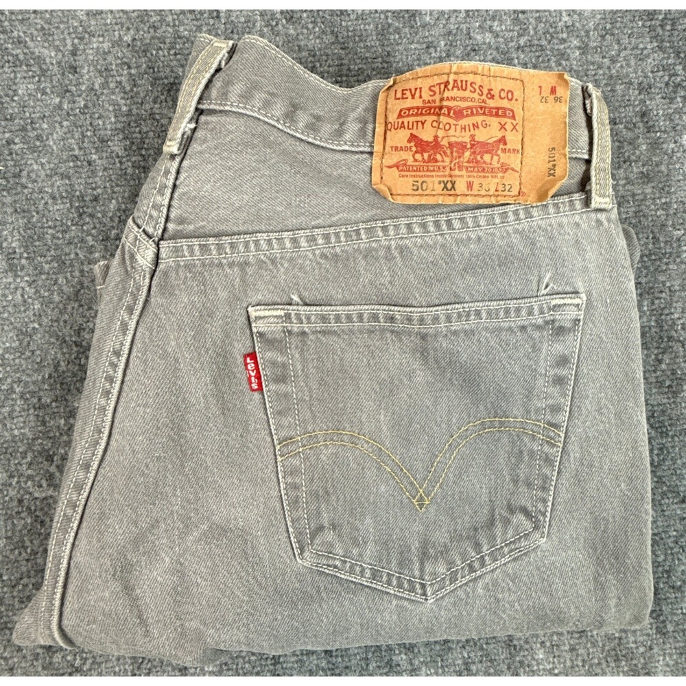 Levis 501XX Original Fit Mens Grey Straight Leg Button Fly Denim Jeans 36x32